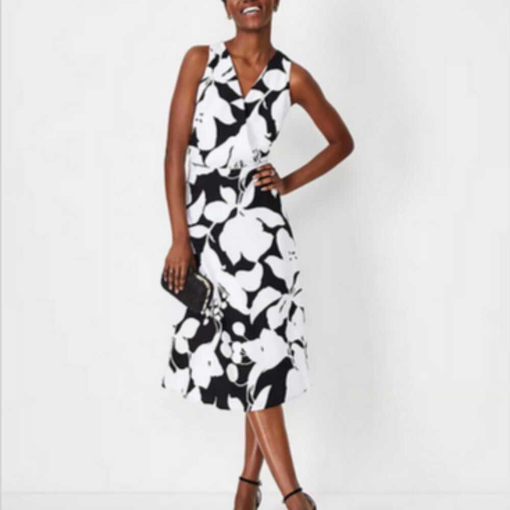 Ann Taylor Petite Black&White Floral Shadow Sleeveless Wrap Look Dress